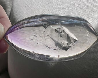 Enhydro - Rock quartz crystal silver pendant with enhydro moving bubble in crystal shape cavity and amethyst phantom - ID A0591