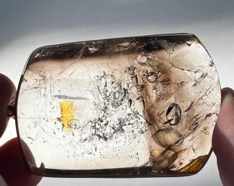 Enhydro - large moving bubble in quartz rock crystal with superb internal formations - smoky quartz phantom, golden healer pendant ID A0723