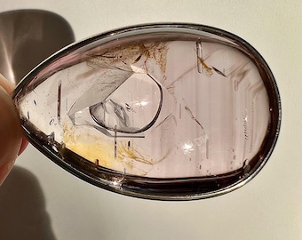 Enhydro pendant with large bubble, golden healer and light smoky phantom - quartz rock crystal inclusion - ID A0700