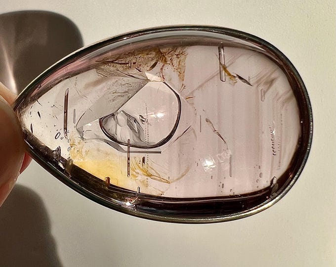 Enhydro pendant with large bubble, golden healer and light smoky phantom - quartz rock crystal inclusion - ID A0700