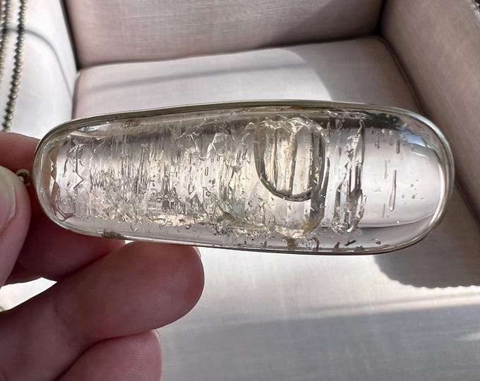Elegant elongated Enhydro pendant with large moving bubble - crushed ice - quartz rock crystal enhydro inclusion - ID A0501