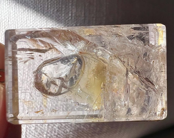 Enhydro - quartz rock crystal pendant - large bubble with yellowish sand, golden healer iron oxide - ID A0614