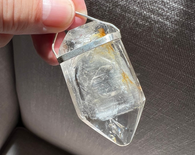 Extra large moving bubble Enhydro quartz rock crystal specimen pendant with chain - superb internal crystals