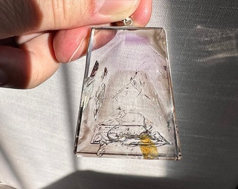 Enhydro pendant with moving bubble - unique clear quartz smokey and amethyst phantom with enhydro inclusion ID A0106