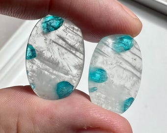 Rare - Quartz with exceptional PARAIBA tourmaline inclusions- top quality cabochon pair - collectors, for high-end jewelry piece IDA 0693