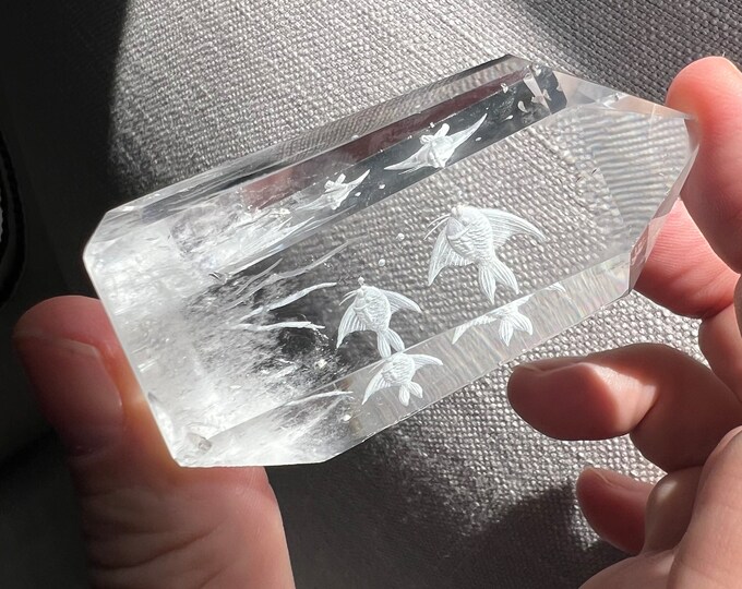 Top quality intaglio carving on a superb Quartz crystal -fish and algae - ID A0149