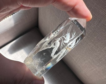 Natural top quality Quartz Rock crystal with an intaglio style carving of birds on tree branches - ID A0052