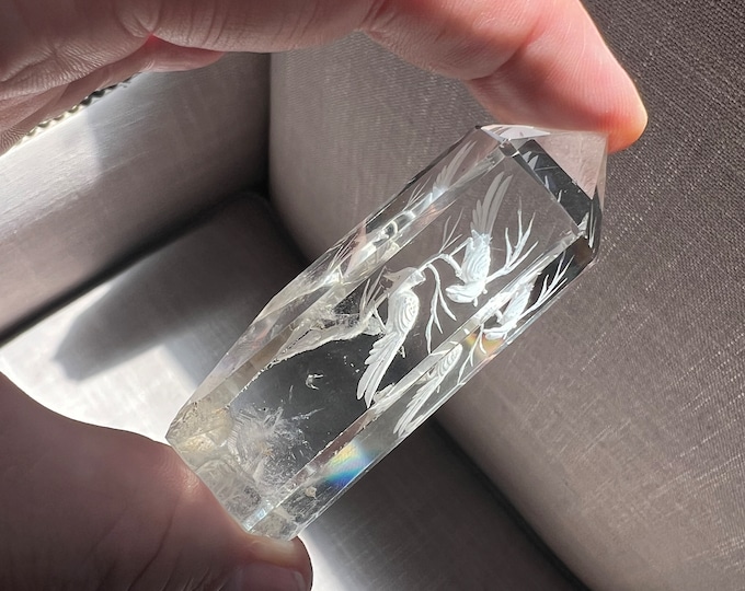 Natural top quality Quartz Rock crystal with an intaglio style carving of birds on tree branches - ID A0052