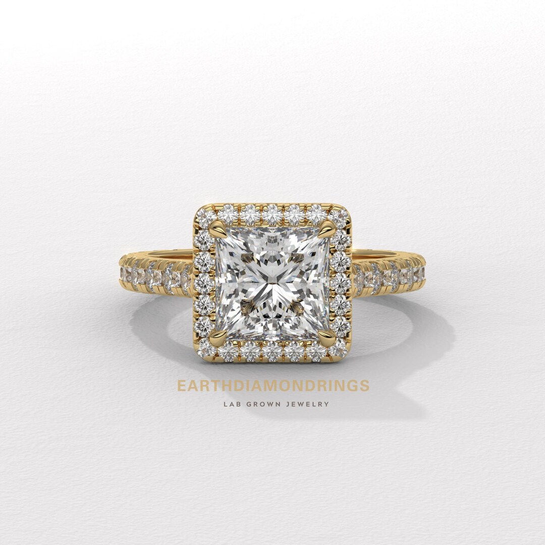 Hidden Halo Princess Cut Lab Grown Diamond Engagement Ring Square Shape ...