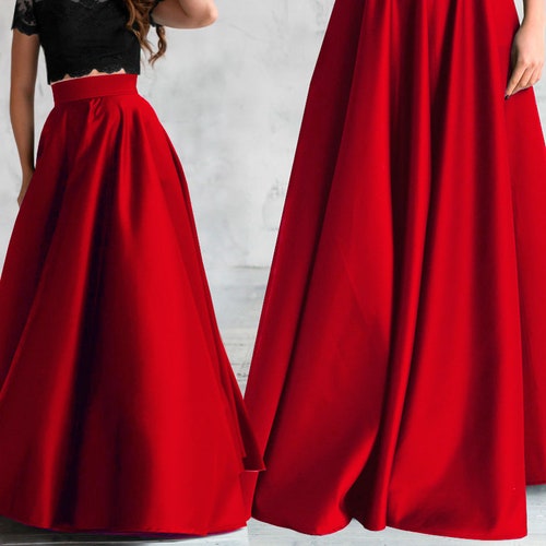 Elegant red satin skirt, maxi high waist satin skirt, red skirt with pockets, long satin skirt