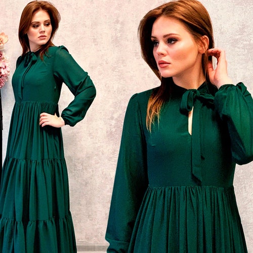 Emerald Floor Length Chiffon Dress, Green Flowy Dress with Long Sleeves, Emerald Green Party Dress, Summer Dress, Lightweight Dress