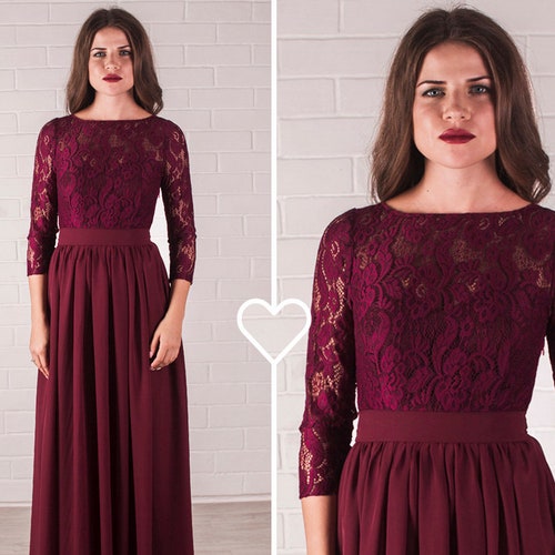 Burgundy Lace Top Jewel Sleeveless Chiffon Long Bridesmaid Dress