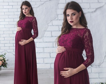 Maternity dress for photo shoots / Burgundy Long Chiffon Flowy Dress for Future Mom / Floor length maternity dress with lace top