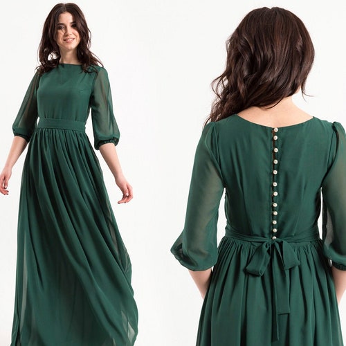 Flowy Emerald Green Dress With Long Sleeves / Green Chiffon - Etsy UK