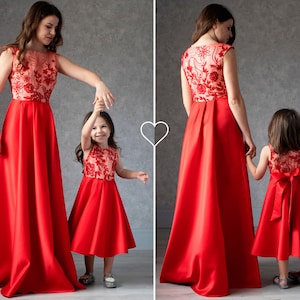 Red Satin Mother Daughter Evening Dresses: Family Look Matching Outfit