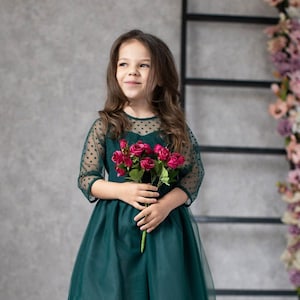Robe vert émeraude en mousseline pour fille : tulle à pois, robe de soirée pour tout-petits