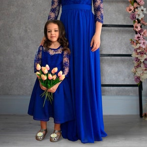 Mother Daughter Royal Blue Chiffon Dresses / Floor Length Blue Matching ...
