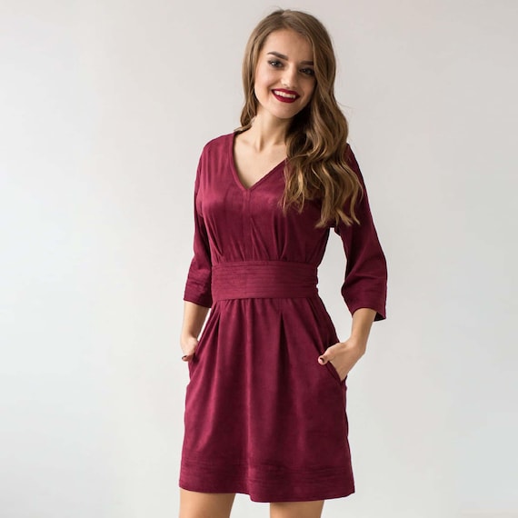 marsala cocktail dress Faux Suede Kimono Dress: Marsala Midi Dress With Sleeves