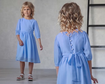 Robe bleue de demoiselle d'honneur, robe d'été en mousseline de soie pour tout-petits, robe de petite fille, robe bleue de fille simple, robe de bébé bleu ciel, robe de fille d'anniversaire