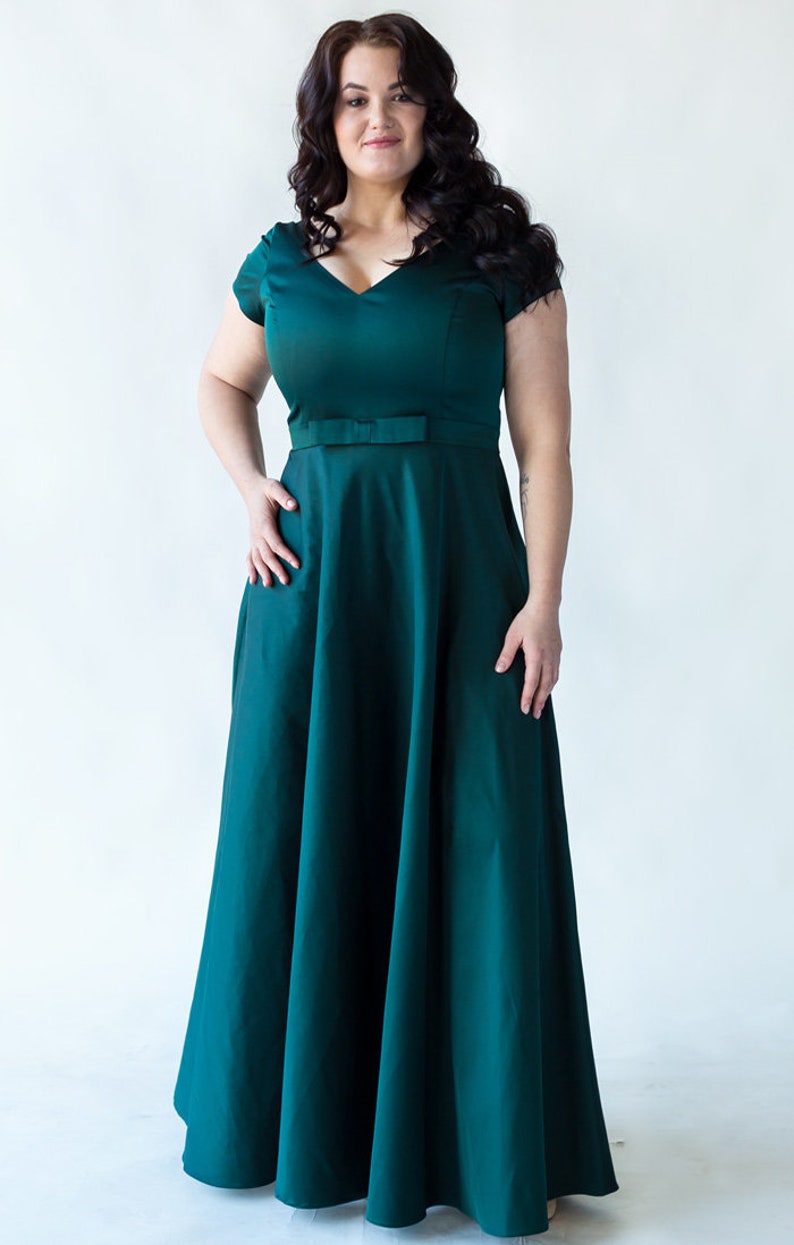 Emerald Green Cotton Dress, Plus Size Maxi Dress, Short Sleeve Dress, Emerald Wedding Bridesmaid Dress, Dark Green Dress, Party Dress image 2