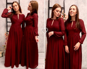 Chiffon Burgundy Bridesmaid Dress / Long Flowy Dress with Long Sleeves / Floor Length Prom Dress / Burgundy Maxi Dress / Plus Size Dress