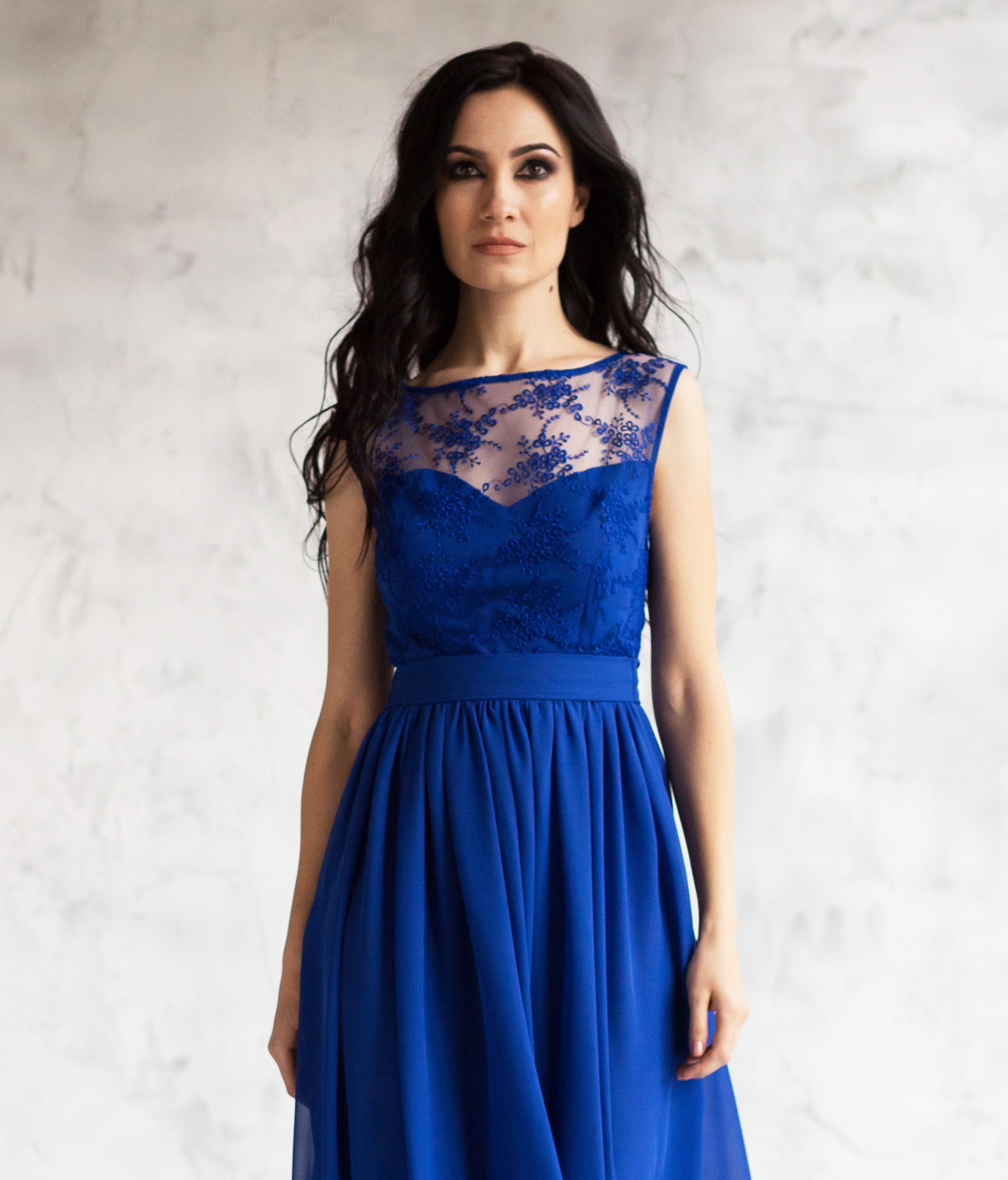 royal blue chiffon evening dress Elegant Long Royal Blue Chiffon Evening Dresses With Cape A-Line V-Neck Pleated Muslim Floor Length Zipper Back Prom Dresses for Women