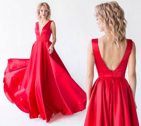 Red Satin Dress With Open Back and 