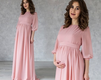 Zwangerschapsjurk Feestelijk - Bruiloft - Chiffon Kanten Zwangerschapsjurk - Elegante Knielange Lange Mouw - Trouwjurk - Voor Gelegenheden - Feest - Blauw-Roosé-Wit - 6400 (XS, Lichtblauw