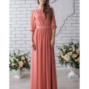 Women pink long sleeves a-line gowns, blush maxi dress with pearl buttons and sleeves, women formal chiffon closed dress, light pink dress image 6