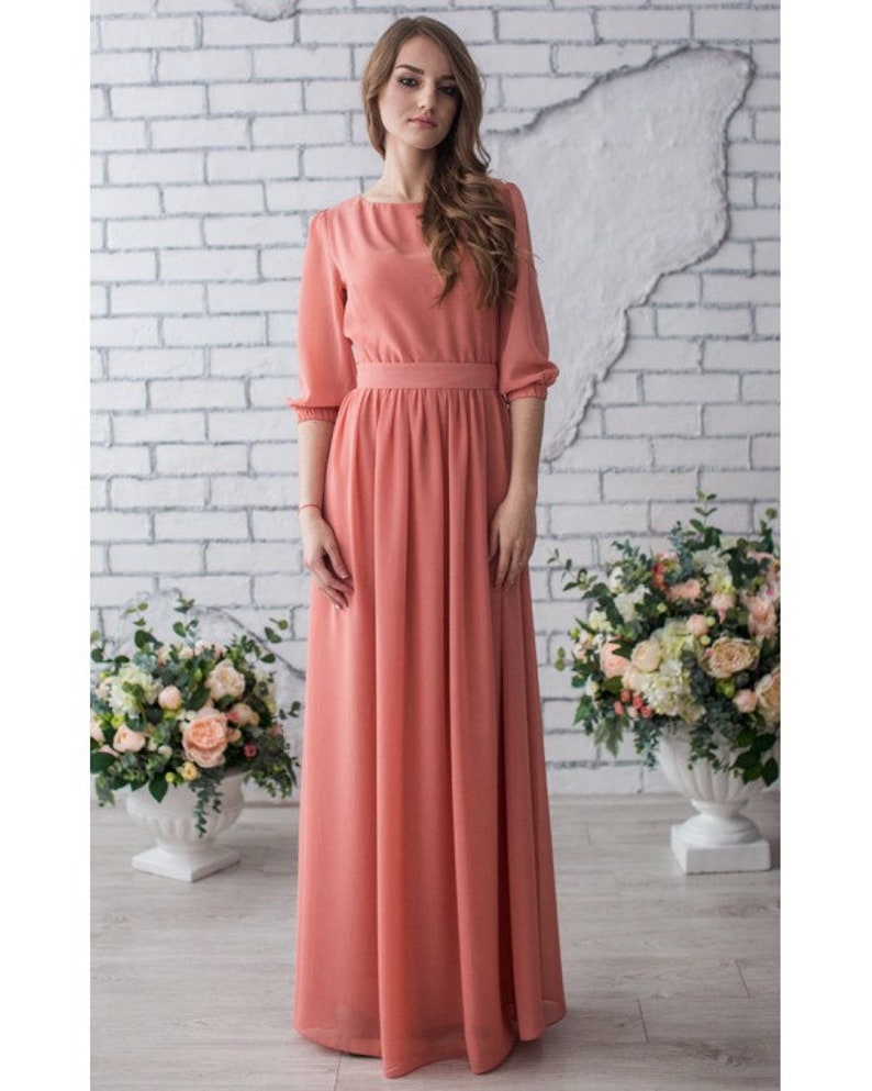 Women pink long sleeves a-line gowns, blush maxi dress with pearl buttons and sleeves, women formal chiffon closed dress, light pink dress image 6