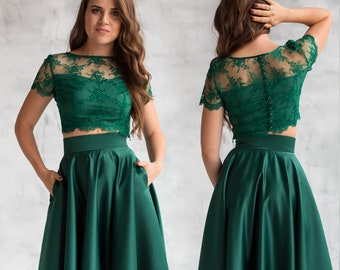 Evening crop top / Lace top with pearl buttons / Crop top prom dress / Floral lace top with short sleeves / Evening gown