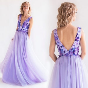 Backless Lilac Evening Dress with Floral Decor / Deep V-neck woman formal flowy dress / Long open back evening gown with cups / Tulle gown