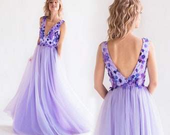 Backless Lilac Evening Dress with Floral Decor / Deep V-neck woman formal flowy dress / Long open back evening gown with cups / Tulle gown