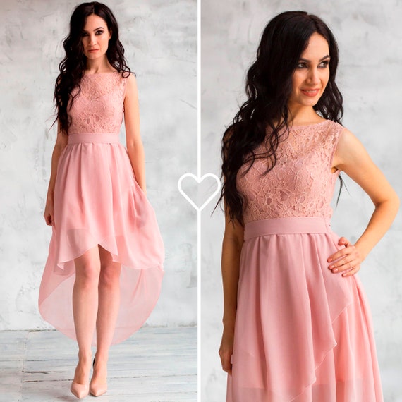 SALE 50 Pink Chiffon Asymmetric Dress With Lace Top Evening