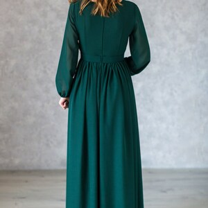 Women Formal Chiffon Closed Emerald Dress / Dark Green Flowy Dress With ...