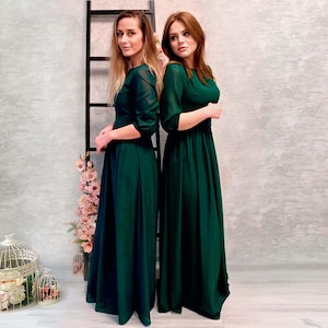 Emerald green chiffon dress, flowy dress for women, fall minimalist dress, dark green emerald dress, chiffon long sleeve maxi dress