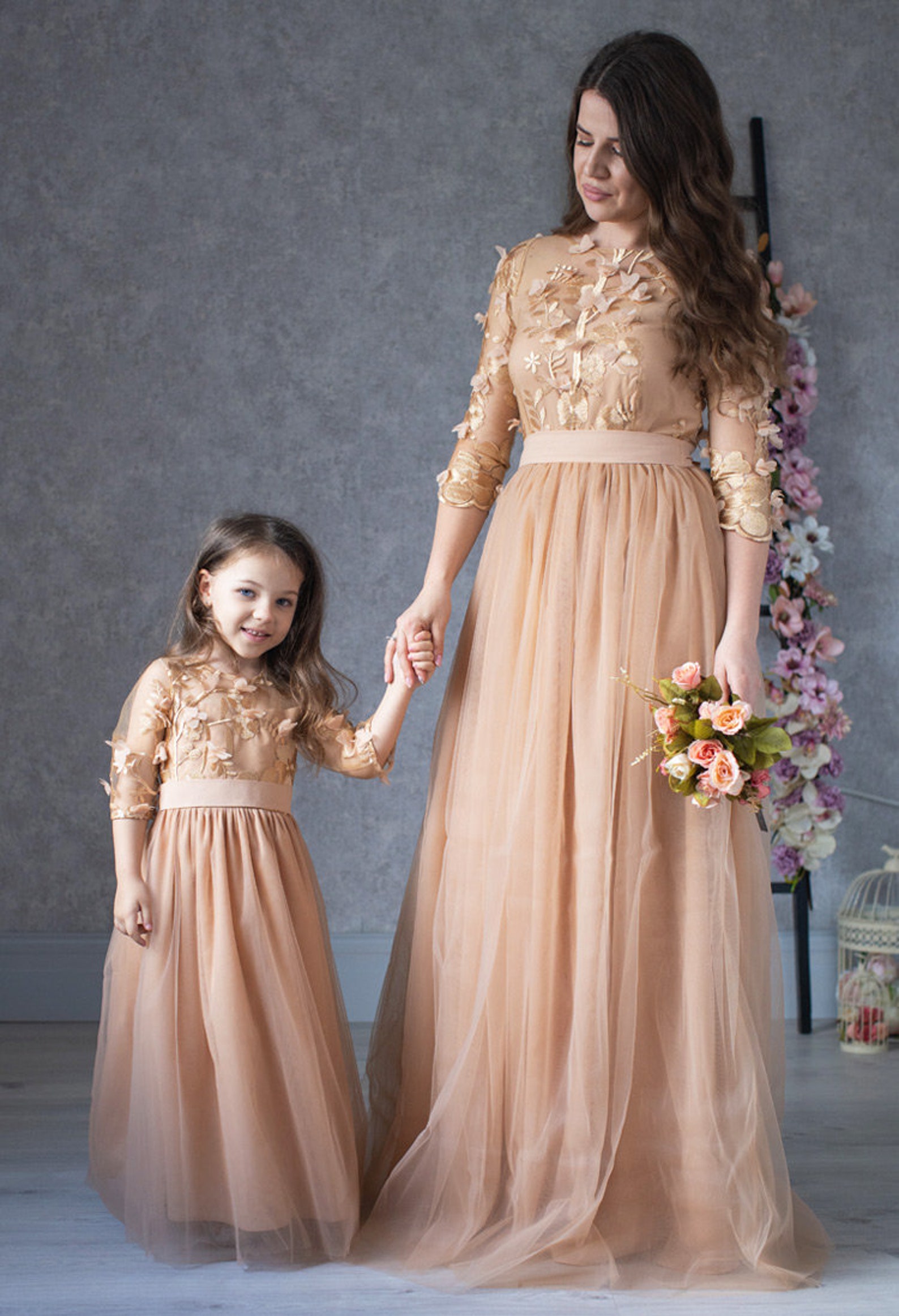 Mommy and Me Dress, Matching Long Gold Dress, Mother Daughter Floral ...