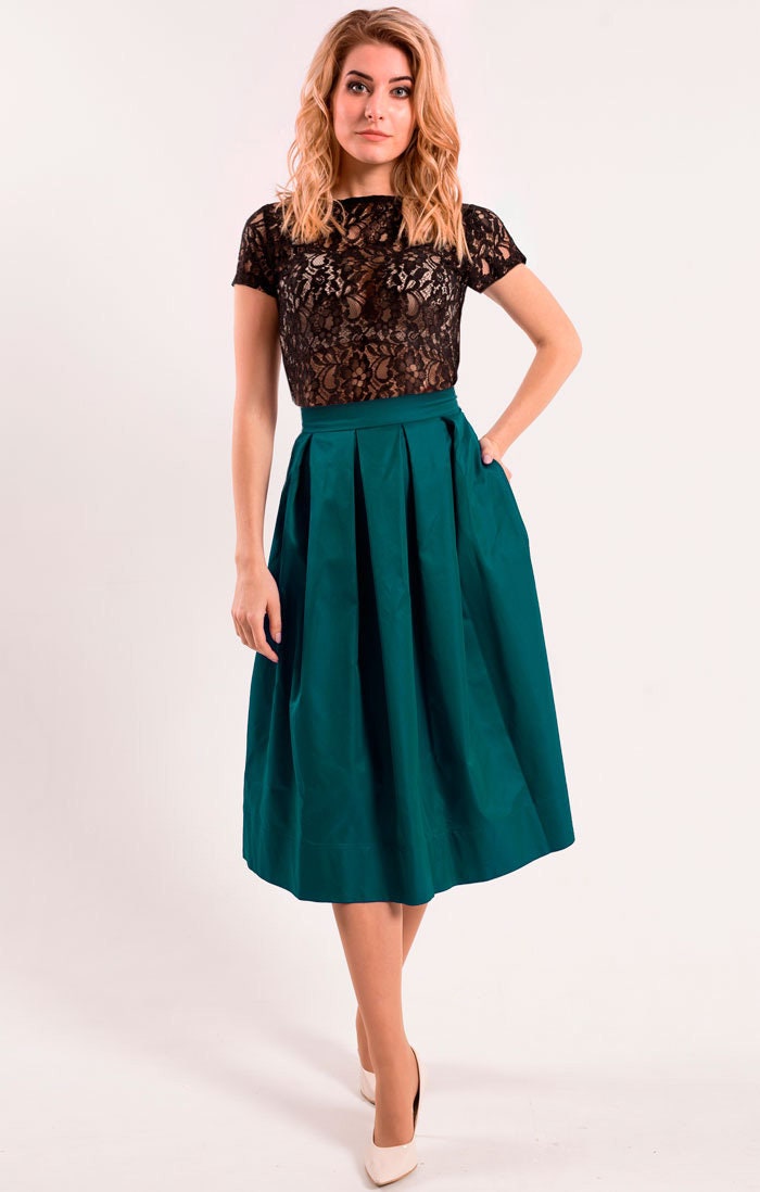 High Waisted Skirt, Emerald Midi Skirt, Elegant Cocktail