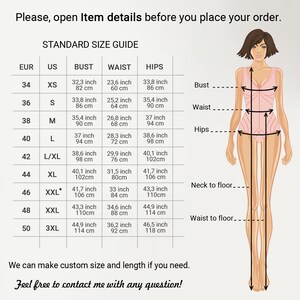 Puede incluir: Una tabla de tallas para una prenda con medidas en pulgadas y cent&iacute;metros. La tabla incluye tallas desde XS hasta 3XL, con las medidas de busto, cintura y cadera correspondientes. La tabla tambi&eacute;n incluye medidas de cuello a suelo y de cintura a suelo.