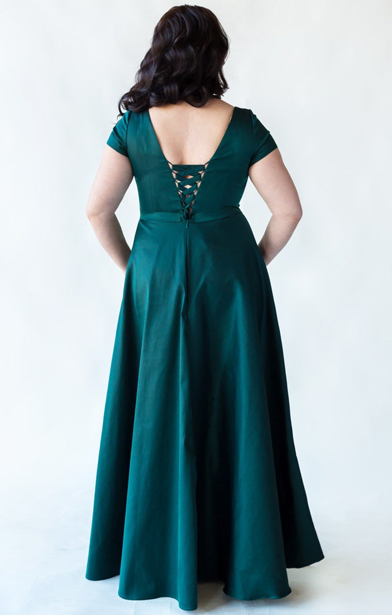 Emerald Green Cotton Dress, Plus Size Maxi Dress, Short Sleeve Dress, Emerald Wedding Bridesmaid Dress, Dark Green Dress, Party Dress image 3