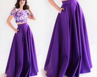 Elegant formal purple satin full skirt / Maxi purple skirt with pockets / Evening floor length skirt / High waist satin formal skirt