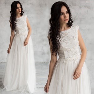 Magic Bridal Gown / Flower embroidery lace wedding dress / Long open back wedding dress / Romantic wedding party dress / Tulle bride gown