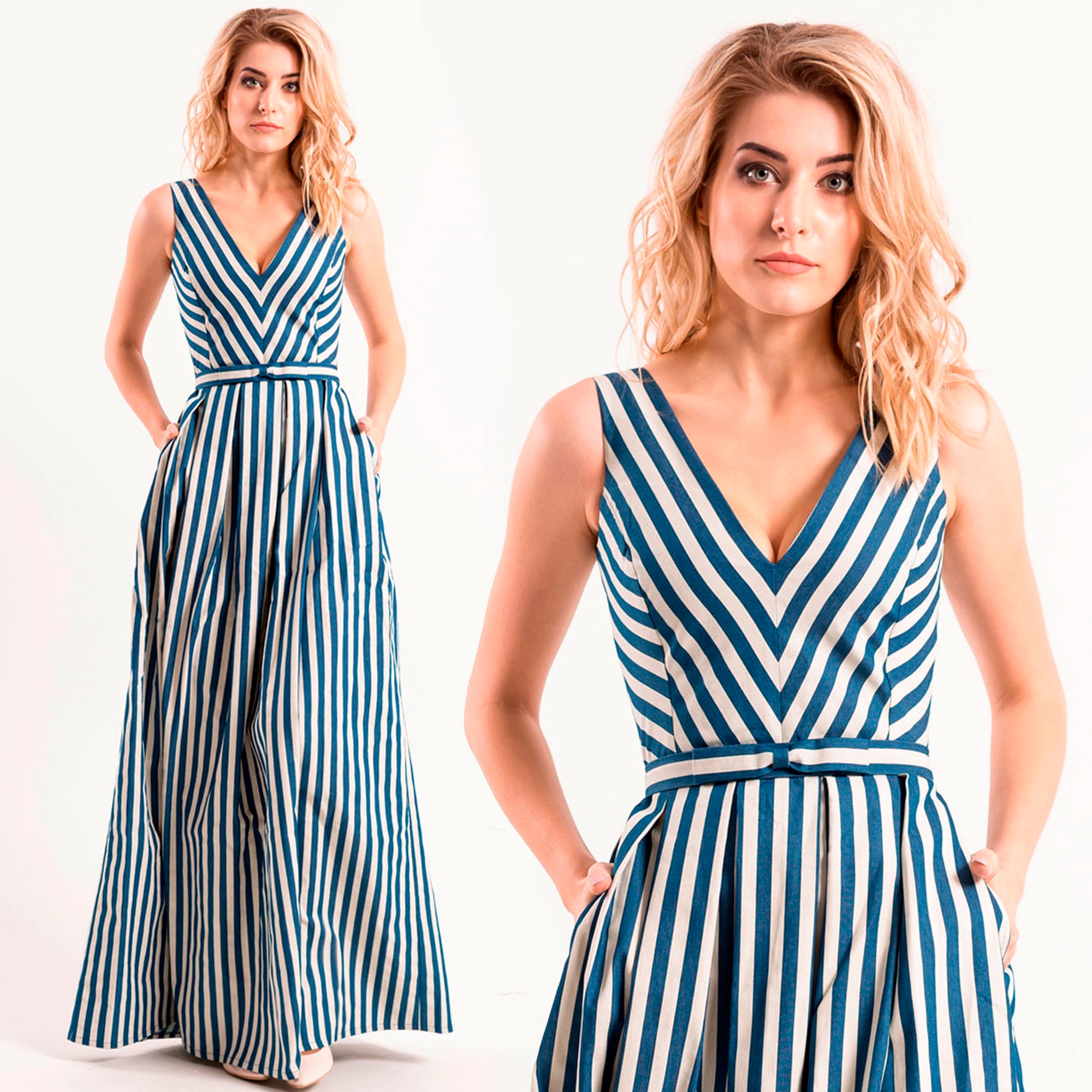 Striped Denim Elegance Maxi Dress: V-neck A-line Gown With