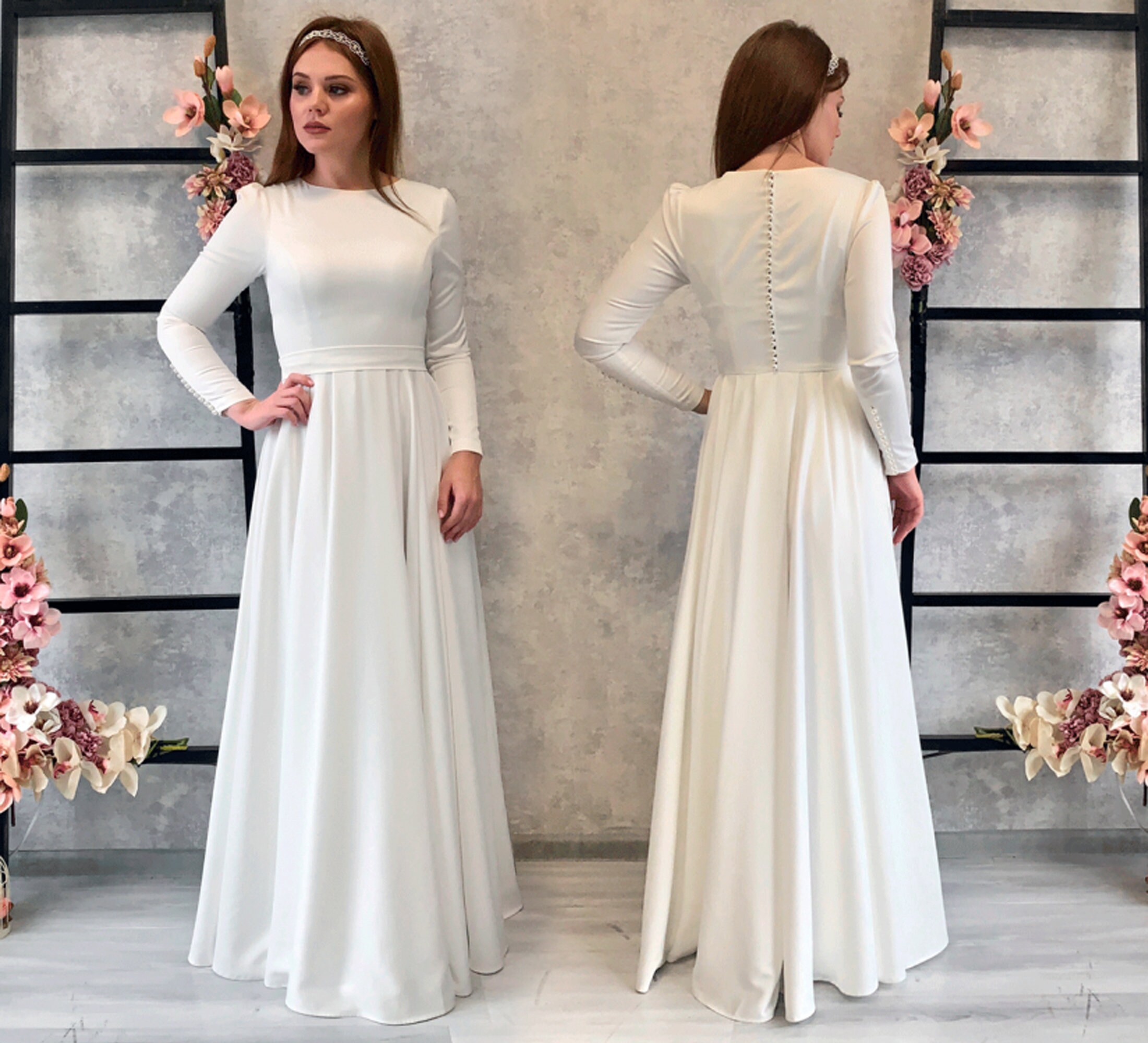 Satin Ivory Simple Wedding Dress With Sleeves Minimalist Wedding Dress With Sleeves Simple Wedding Dress Wedding Satin Plus Size Dress Etsy Canada