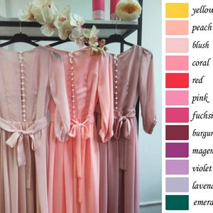 Women pink long sleeves a-line gowns, blush maxi dress with pearl buttons and sleeves, women formal chiffon closed dress, light pink dress image 5