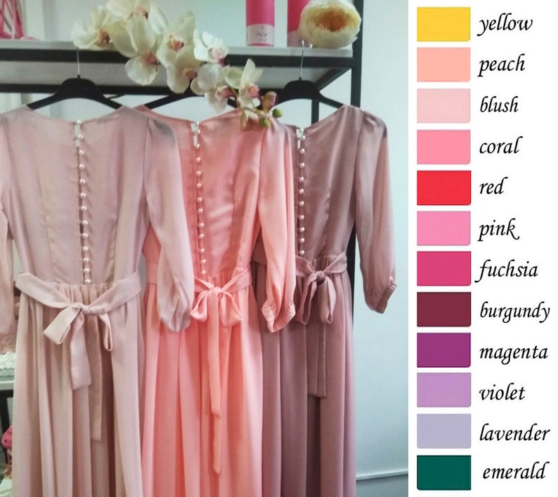 Women pink long sleeves a-line gowns, blush maxi dress with pearl buttons and sleeves, women formal chiffon closed dress, light pink dress image 5