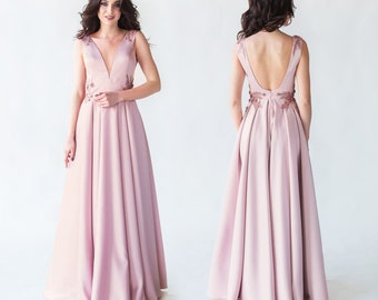 Blush Backless Satin Dress with Floral Decor and Beads / Woman Long evening dress / Deep V-neck wedding party dress / Prom dress with cups