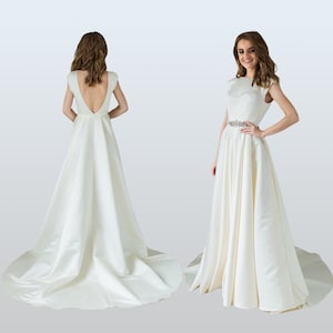 Ivory satin wedding dress with open back / minimalistic style bridal gown / elegant satin dress / ball gown wedding dress