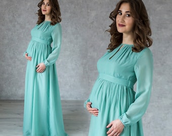Maternity Sage Flowy Dress With Long Sleeves / Long full length dress for Future Mom / Pregnancy Gown / Baby shower dress / Maternity fitted