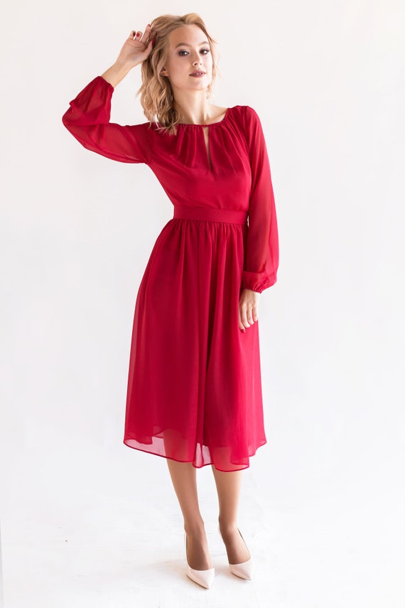 red flowy dress long sleeve
